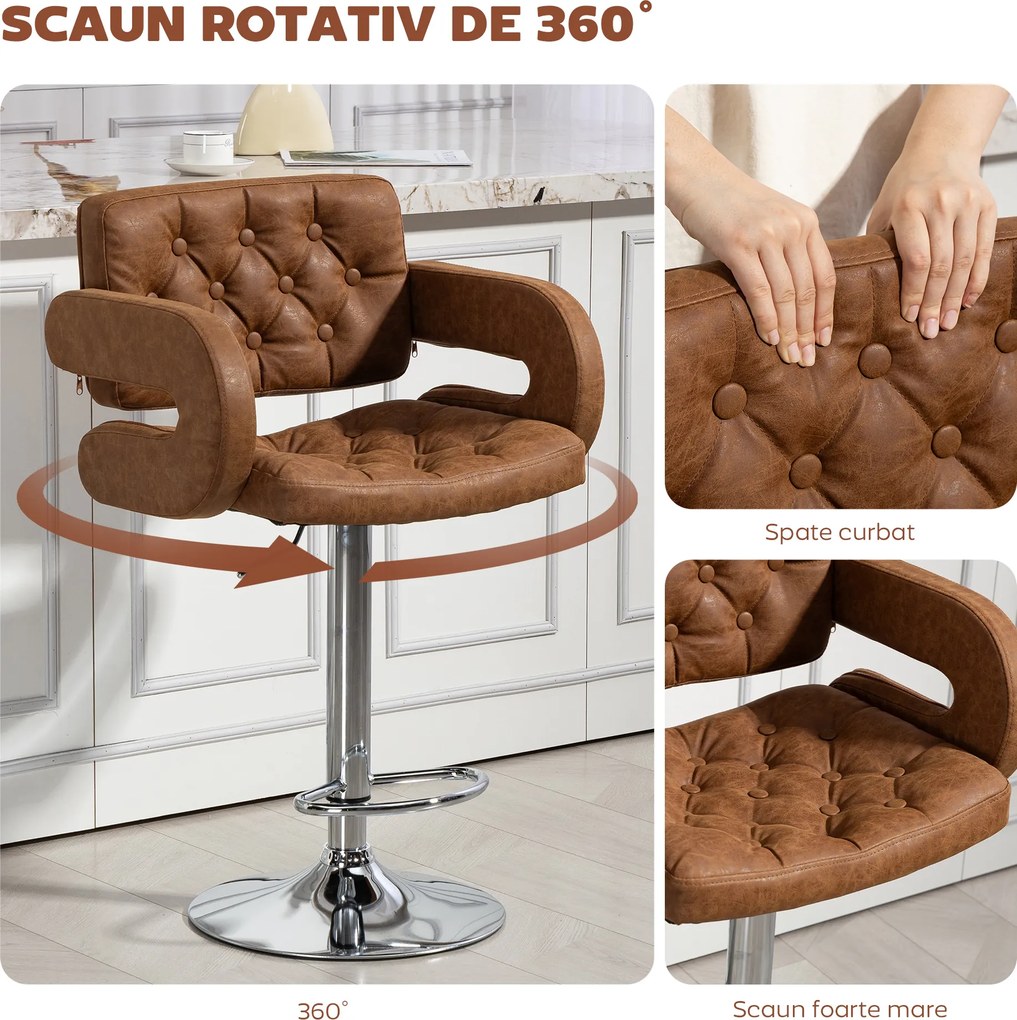HOMCOM Taburet de Bar cu Înălțime Reglabilă, Scaun Înalt din PU cu Spătar, Suport pentru Picioare, Cotiere și Șezut Moale, Structură din Oțel, Rotativ la 360°, pentru Bucătărie, Maro | Aosom Romania
