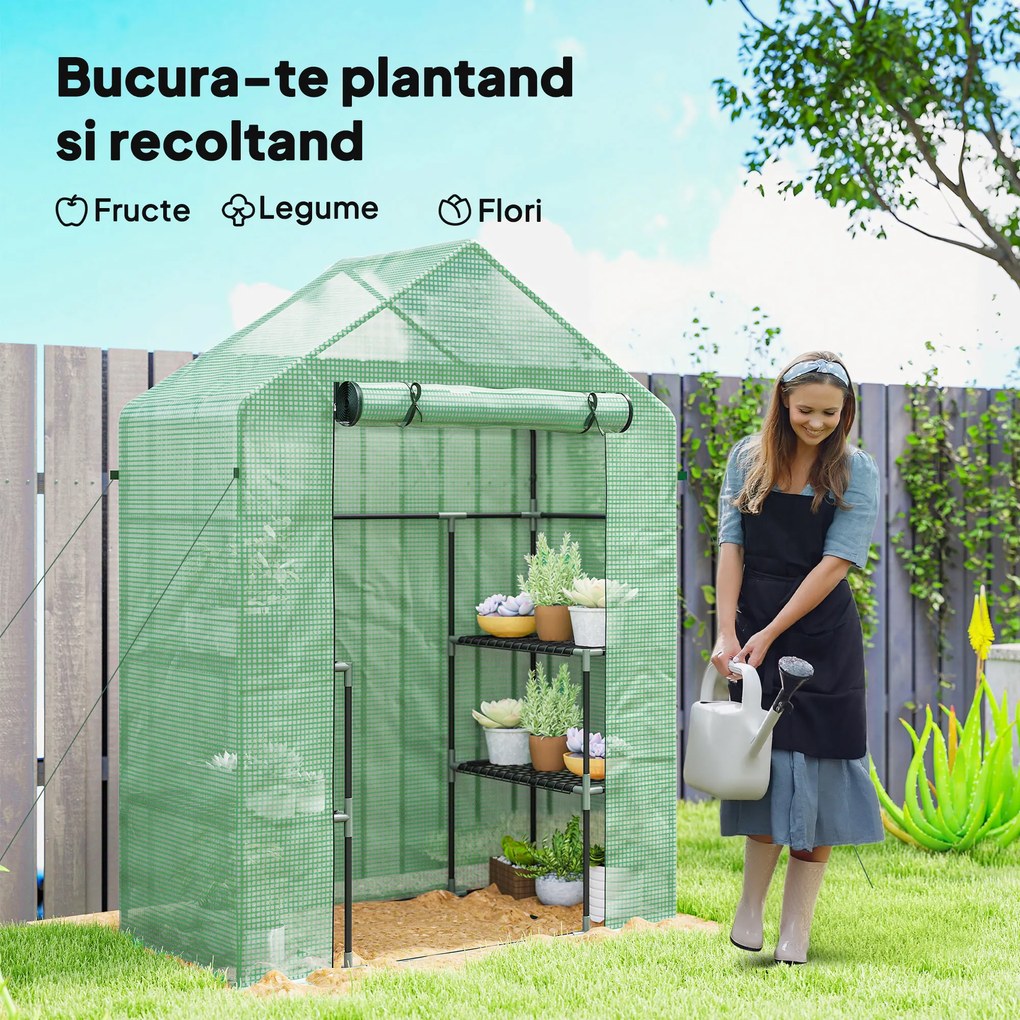 Outsunny PE impermeabil și rezistent la UV Grădină seră pentru plante cu rafturi și accesorii de montare, 142x73x195cm, verde | Aosom Romania