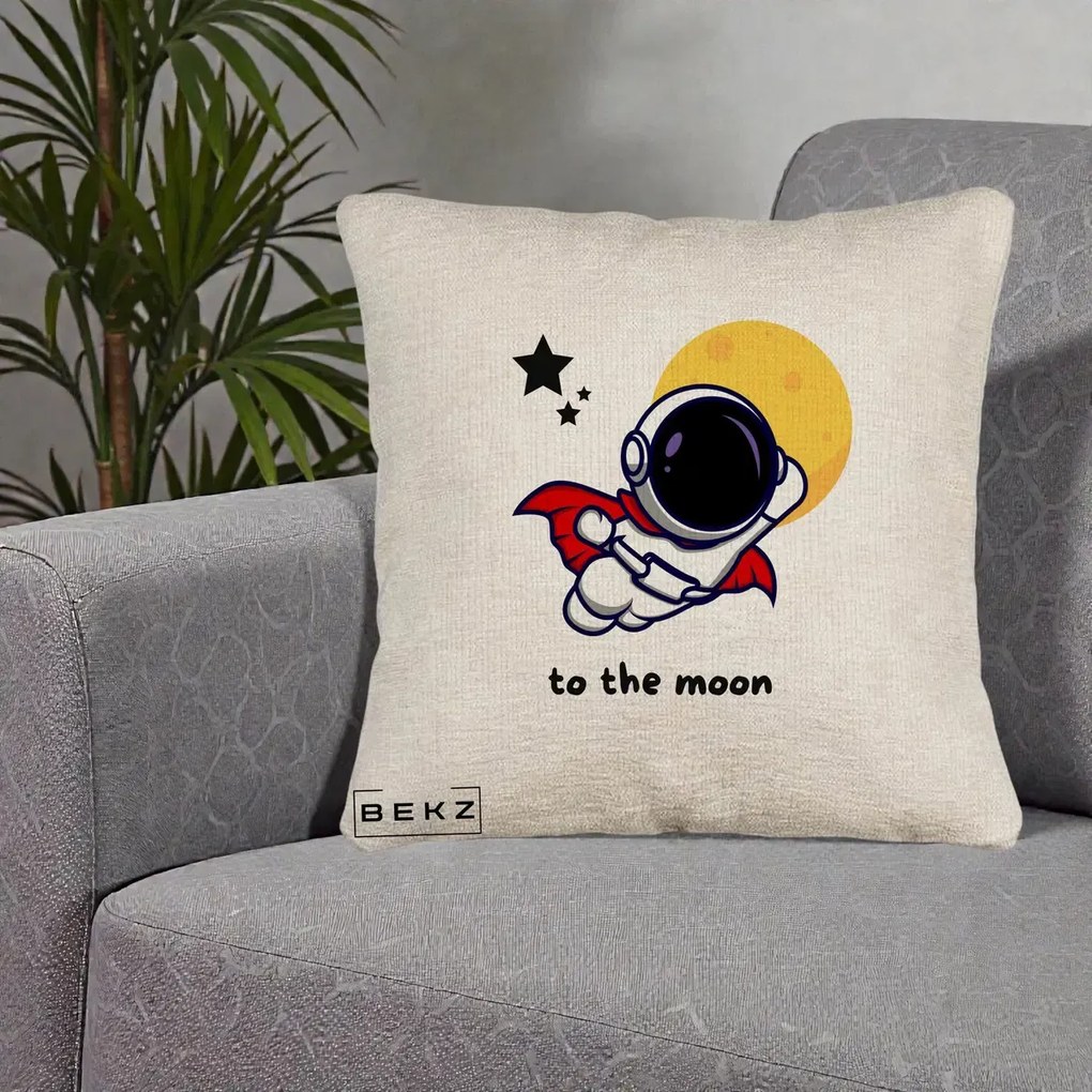 Perna Decorativa Astronaut To The Moon, 40x40 cm, Bej Canapea, Husa Detasabila, Perna Inclusa, BEKZ®