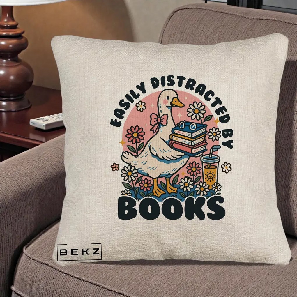 Perna Personalizata Easily Distracted by Books, 40x40 cm, Bej Canapea, Husa Detasabila, Perna Inclusa, BEKZ®