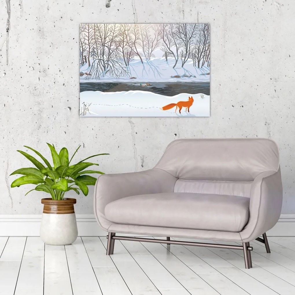 Tablou pe sticlă - Vulpe în peisaj de iarnă (70x50 cm)