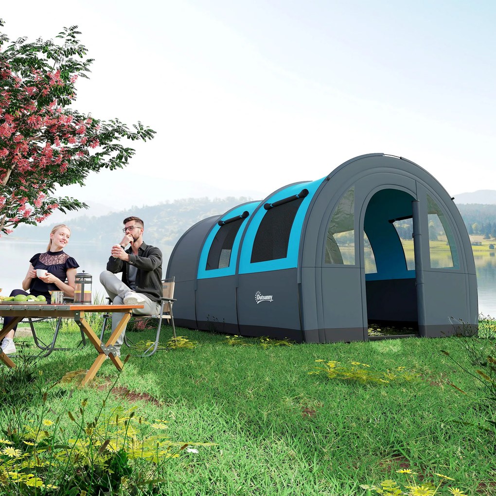 Outsunny Cort de Camping Impermeabil, Cort cu 5 Locuri, Zonă Separată de Dormit și Living, 480x260x200 cm, Gri și Albastru | Aosom Romania