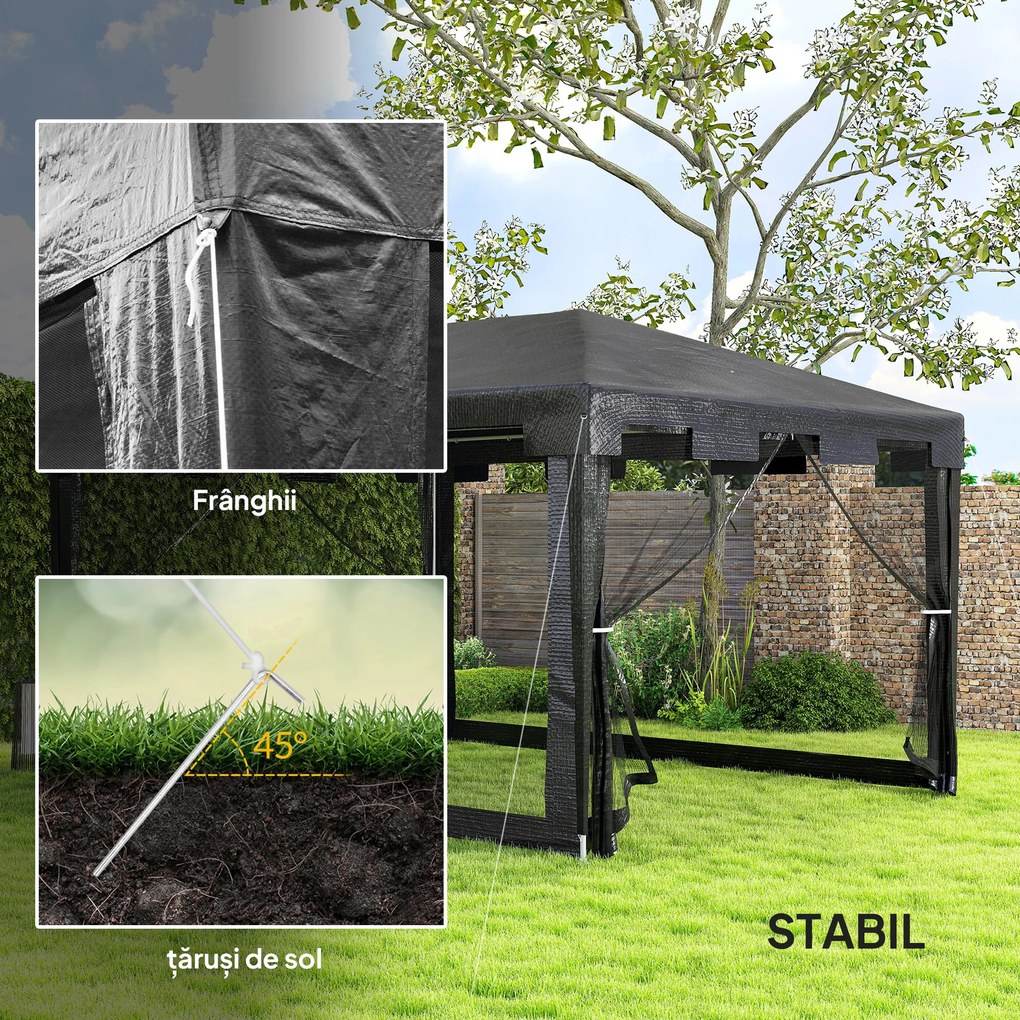 Outsunny Foisor 4x3 m cu Plasa de Tantari si 2 Intrari, Foisor de Gradina din Metal si PE, Gri Inchis