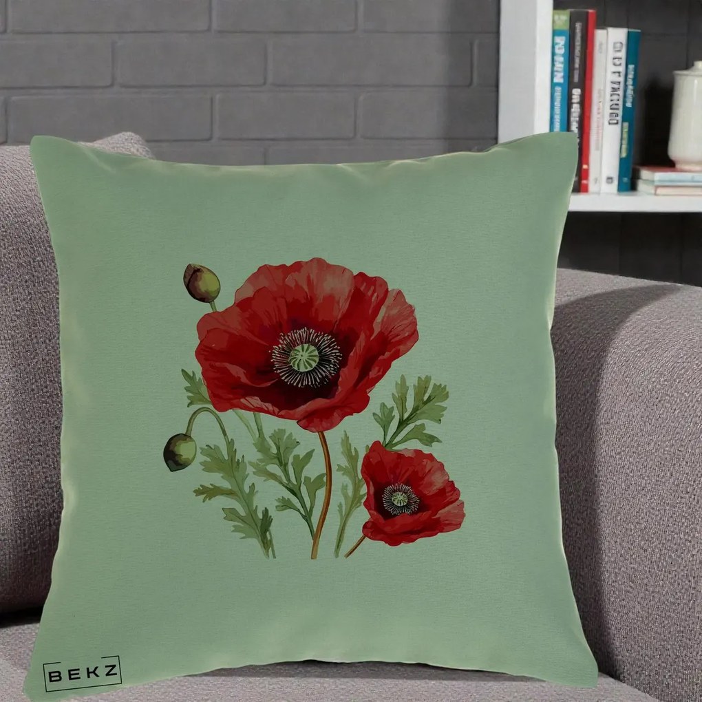 Perna Decorativa Maci Rosii Acuarela, 40x40 cm, Verde, Husa Detasabila, Perna Inclusa, BEKZ®