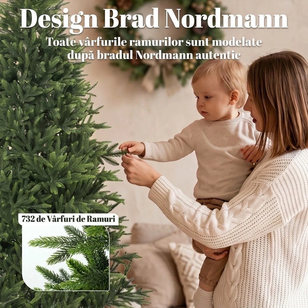 HOMCOM Brad artificial de Crăciun 180 cm, aspect realist și bogat, 732 ramuri din PE ignifug, bază pliabilă din lemn, verde | Aosom Romania
