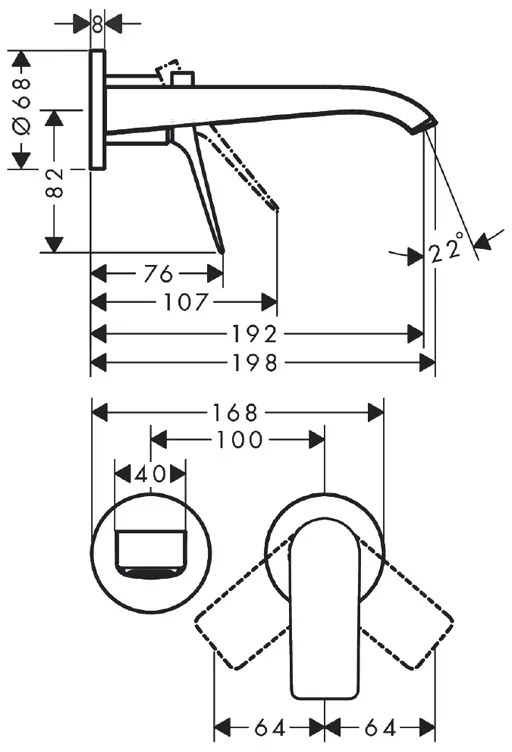 Baterie lavoar cu montaj pe perete, Hansgrohe, Vivenis, cu pipa 19,2 cm, crom