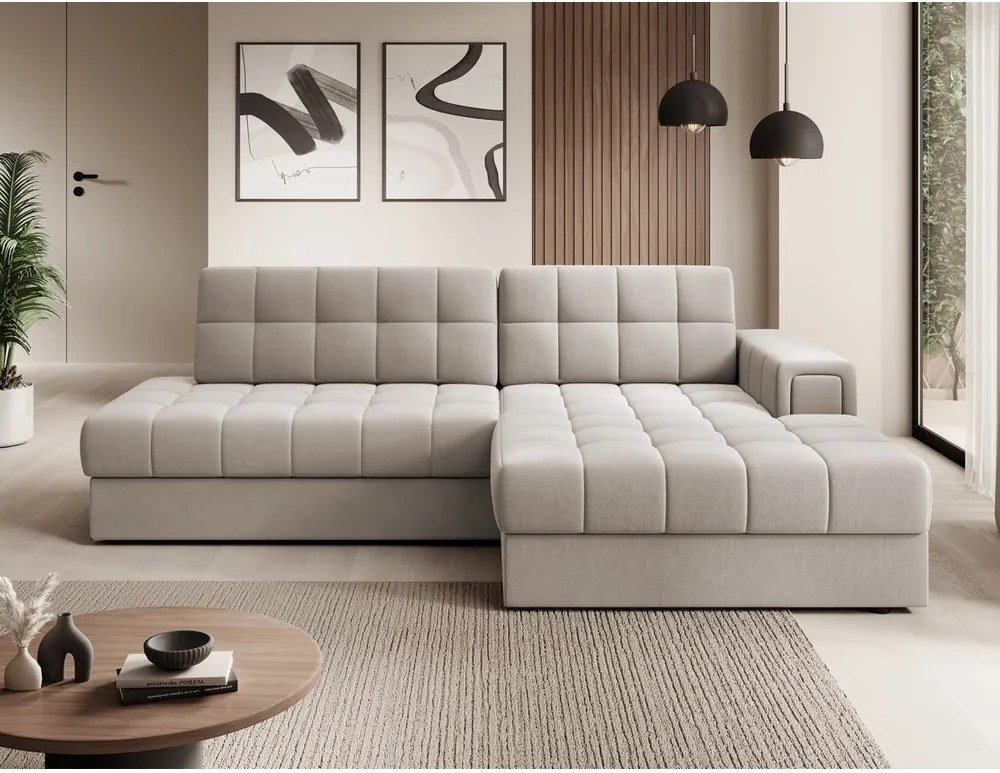 Colțar bej extensibil cu tapițerie din catifea (cu colț pe partea dreaptă/cu șezlong) Blezalt – ELTAP