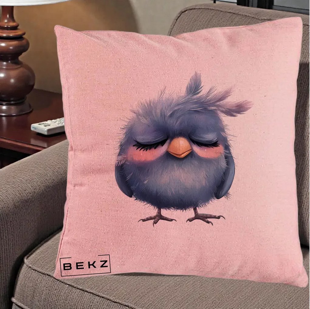 Perna Decorativa Pui Adormit Albastru, 40x40 cm, Roz, Husa Detasabila, Perna Inclusa, BEKZ®