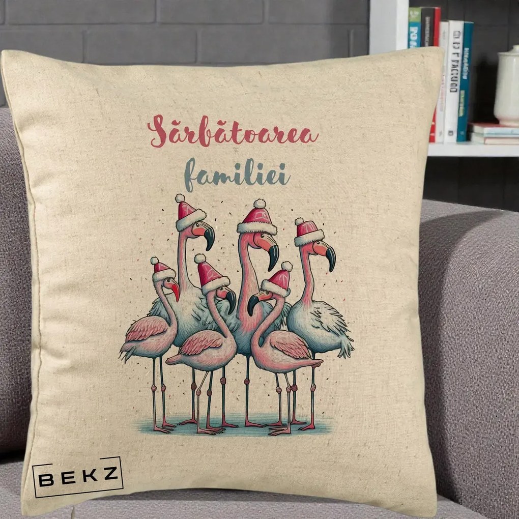 Perna Decorativa Flamingo Craciun Sarbatoarea Familiei, 40x40 cm, Bej, Husa Detasabila, Perna Inclusa, BEKZ®