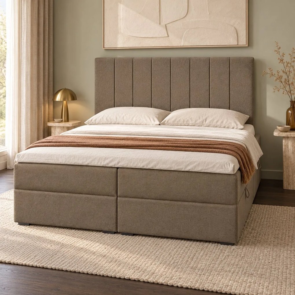 Pat boxspring din catifea Novella cu ladă 180×200 cm, cappuccino