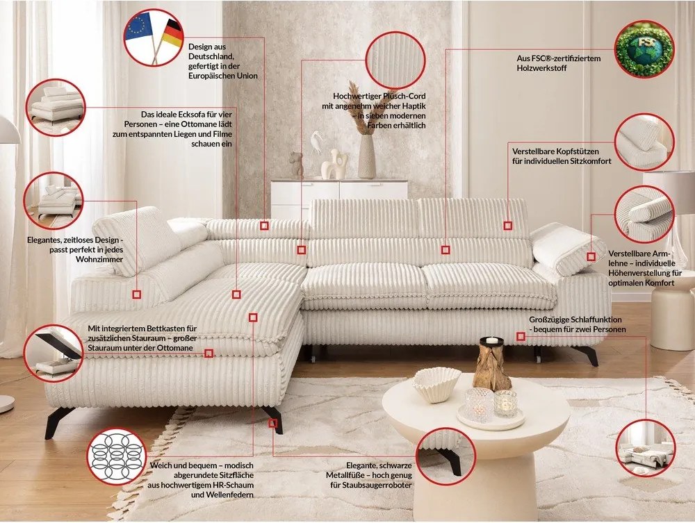 Colțar crem cu tapițerie din catifea reiată (cu colț pe partea stângă/în formă de ”L”) Marbeya – Ropez