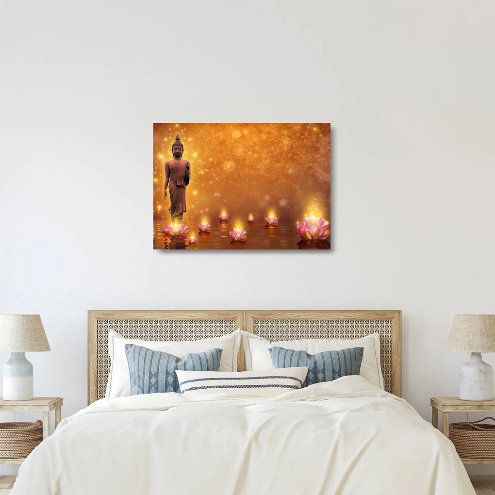 Tablou pe sticlă - Buddha în sclipici auriu (70x50 cm)