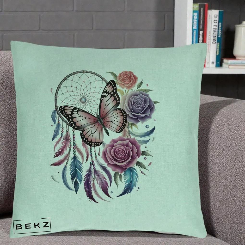 Perna Personalizata Prinzator de Vise cu Fluture si Trandafiri, 40x40 cm, Verde Menta, Husa Detasabila, Perna Inclusa, BEKZ®