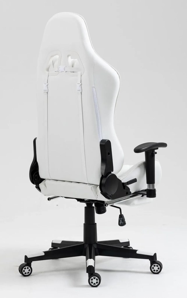 RESIGILATE- Scaun gaming, masaj in perna lombara, sezut benzi elastice sustinere suplimentara, suport picioare, funcție sezlong, 90-180 grade, SIG 5020, piele ecologica, Alb