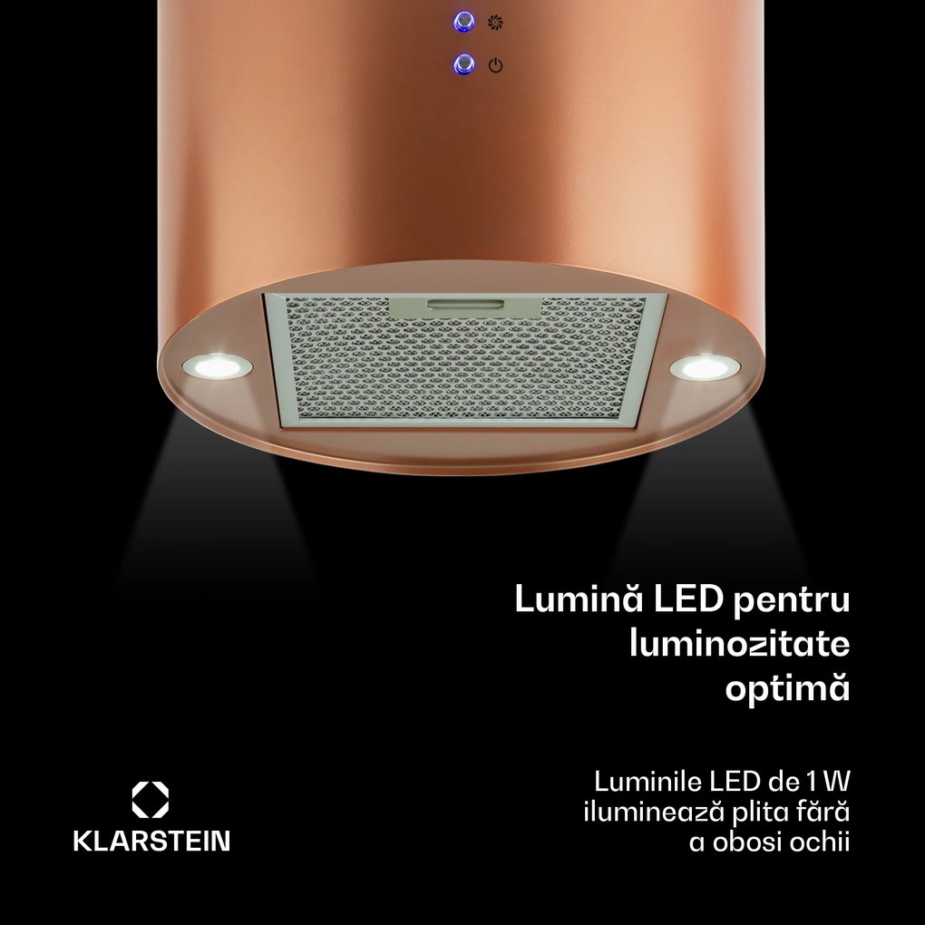 Klarstein Barett, hotă suspendată, Ø 38 cm, recirculare a aerului 522 m³ / h, LED, cupru