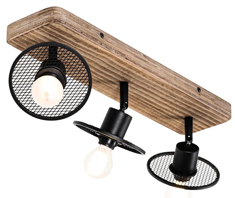 Plafoniera industriala neagra cu lemn 3 lumini - Jasmine