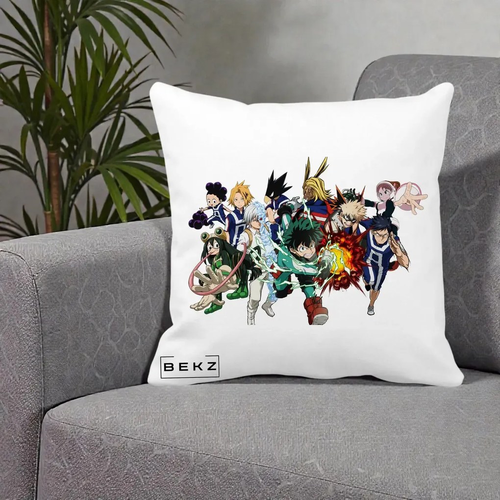 Perna Personalizata My Hero Academia Clasa 1-A Complet, 40x40 cm, Alba Mata, Husa Detasabila, Perna Inclusa, BEKZ®