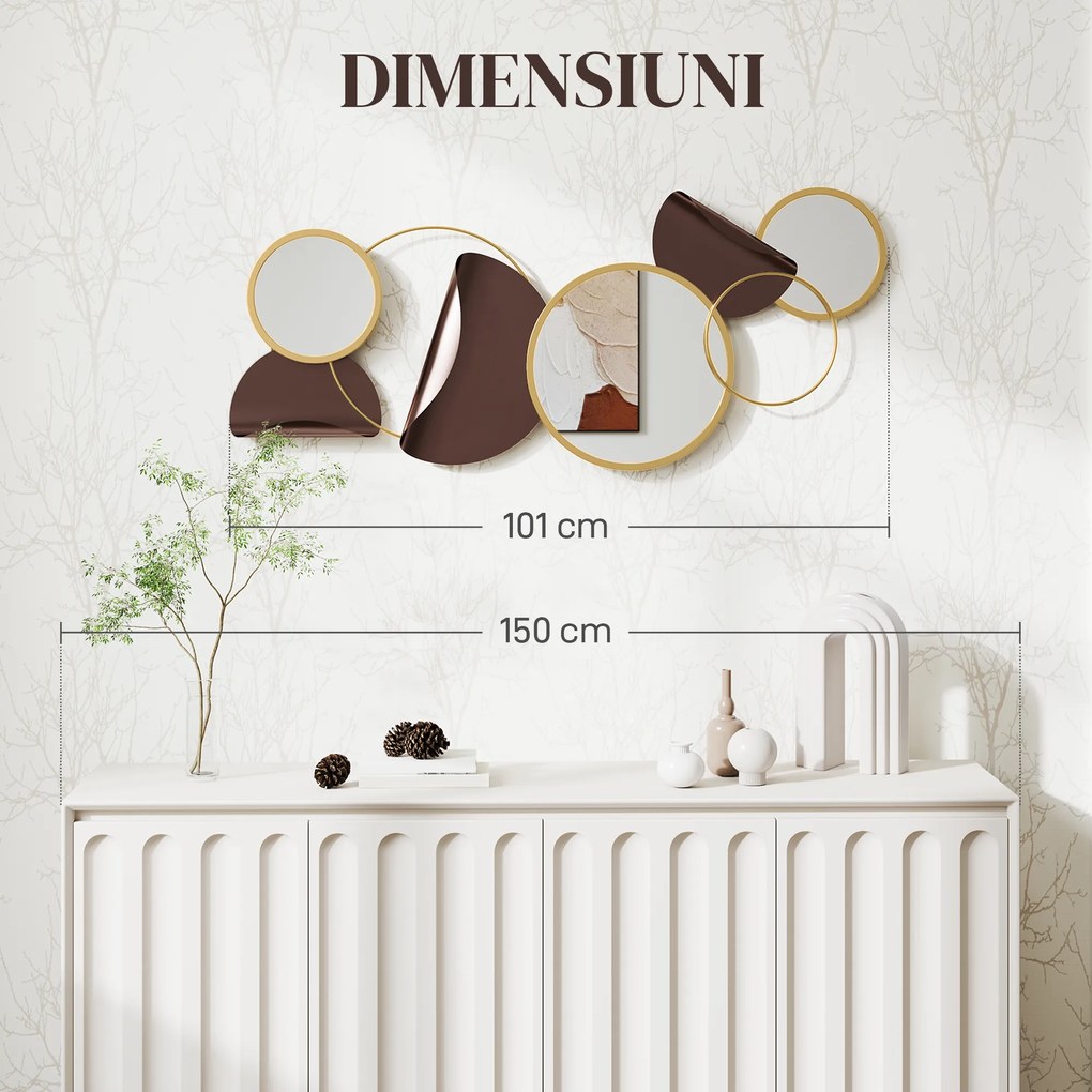 HOMCOM Oglindă Modernă Rotundă de Perete cu Decorațiune 101x41.5 cm, Auriu | Aosom Romania