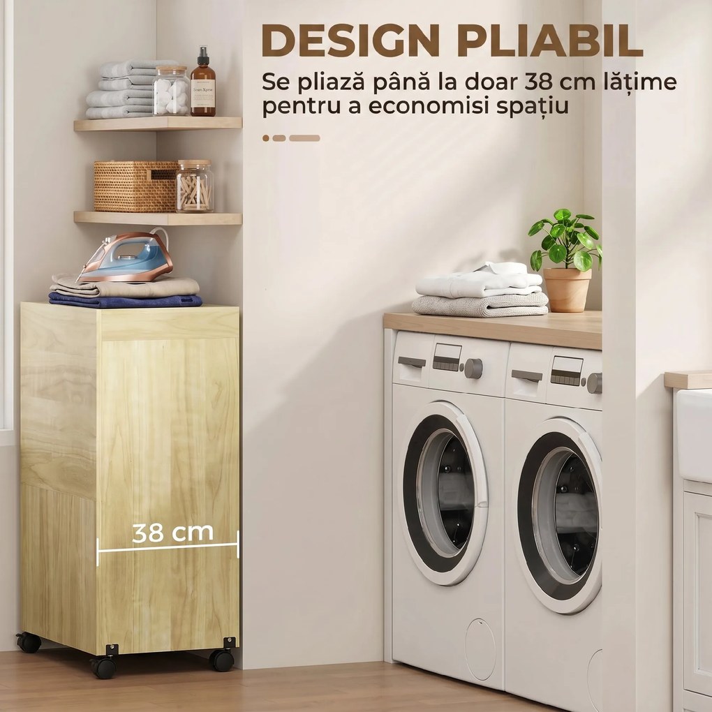HOMCOM Dulap Masă de Călcat Rabatabilă cu Roți și Suport pentru Fier de Călcat, Dulap Multifuncțional cu Rafturi, Compartiment Deschis, pentru Spălătorie, Baie, 154x55x87 cm, Lemn Natural | Aosom Romania