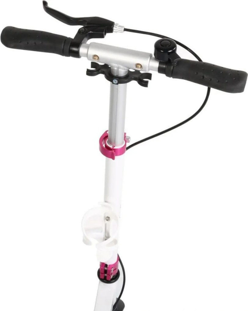 Trotineta din aluminiu cu frana pe disc NOVOKIDS™ Fiore Plus, maxim 100 kg, Franare dubla, Suspensie dubla, Diametru roata 200 mm, Alb cu Roz