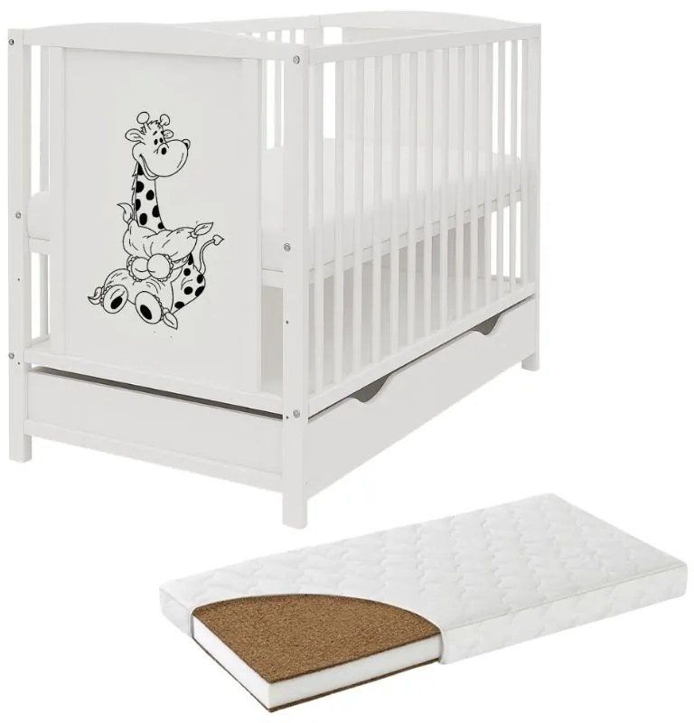 Patut din lemn masiv 120x60 cm Bria alb cu sertar si saltea cocos LUX 120x60x12 cm, reglabil pe 3 nivele, certificat EN71