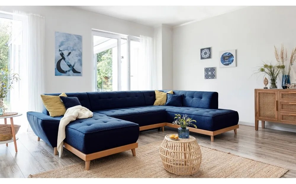 Canapea extensibilă în formă de "U" cu șezlong pe partea dreaptă Miuform Dazzling Daisy, albastru petrol