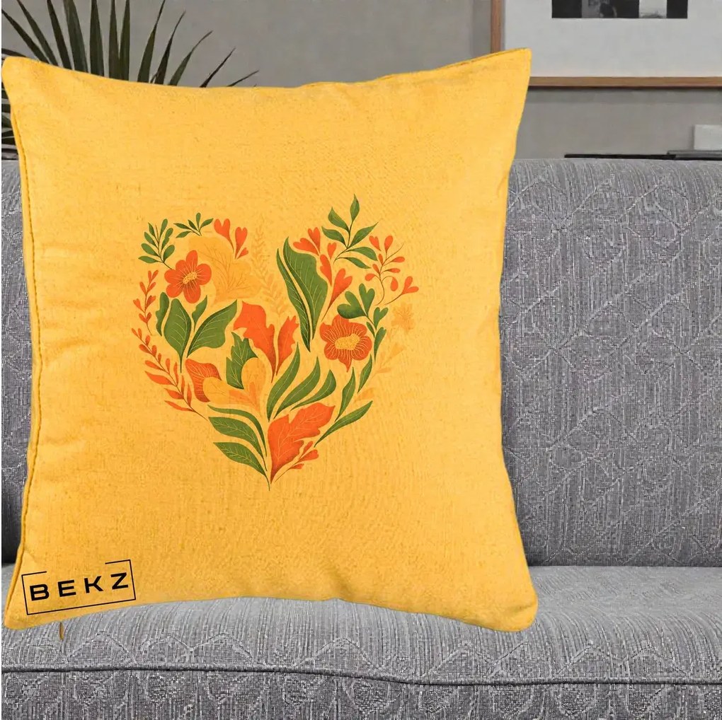 Perna Decorativa Inima Florala Botanica, 40x40 cm, Galben, Husa Detasabila, Perna Inclusa, BEKZ®