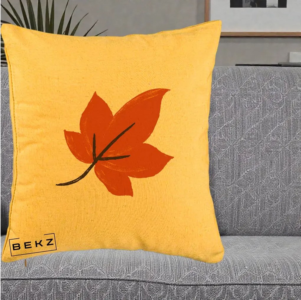 Perna Decorativa Frunza de Toamna Portocalie, 40x40 cm, Galben, Husa Detasabila, Perna Inclusa, BEKZ®