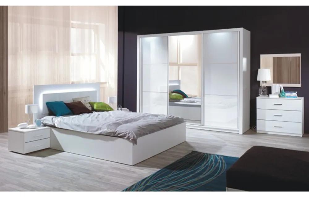 Set dormitor (dulap + pat 160x200 + 2x noptiera), alb alb lucios HG, ASIENA