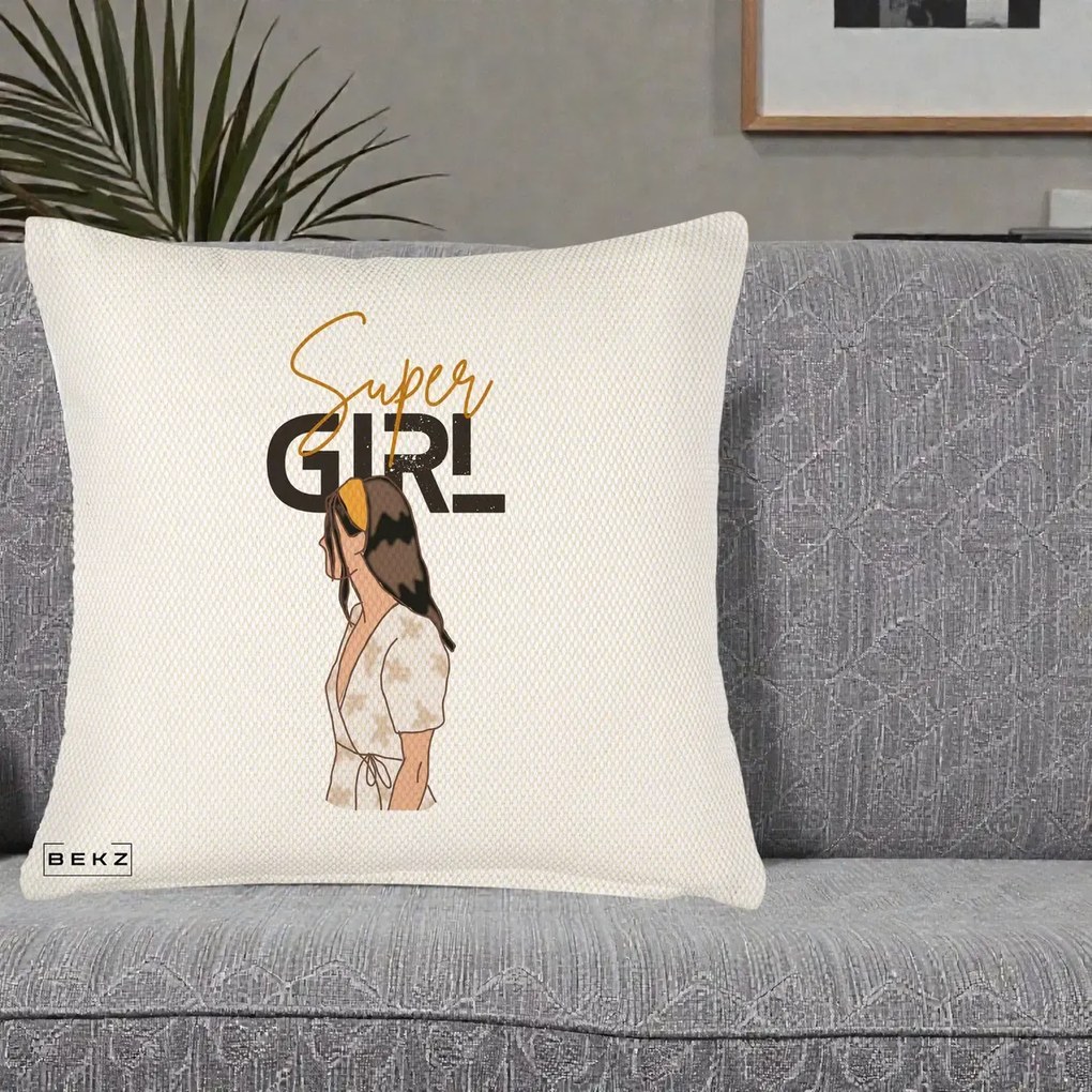 Perna Decorativa Super Girl Aesthetic, 40x40 cm, Crem Reliefat, Husa Detasabila, Perna Inclusa, BEKZ®