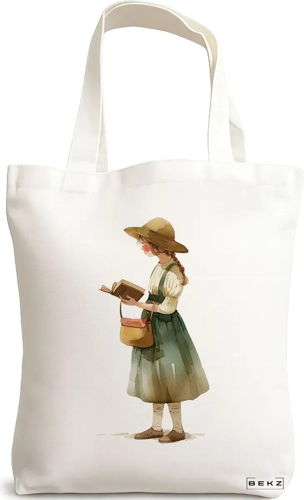 Sacosa de Panza pentru Cumparaturi, Geanta Tote, model The bookie girl 28 38 x 34.5 cm, Alba, BEKZ®