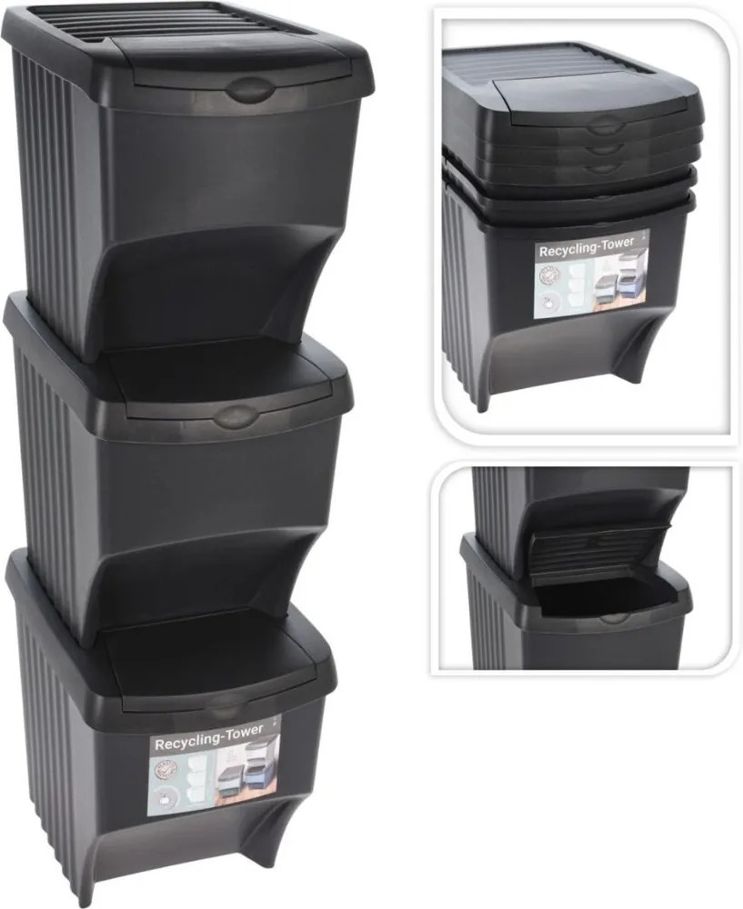 Coșuri Home & Styling, suprapozabile pentru sortarea deșeurilor, 3 x 22 l, plastic rezistent, gri