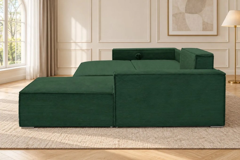 Colțar extensibil Livia Mini din catifea reiată, verde, colț pe dreapta, cu ladă de depozitare