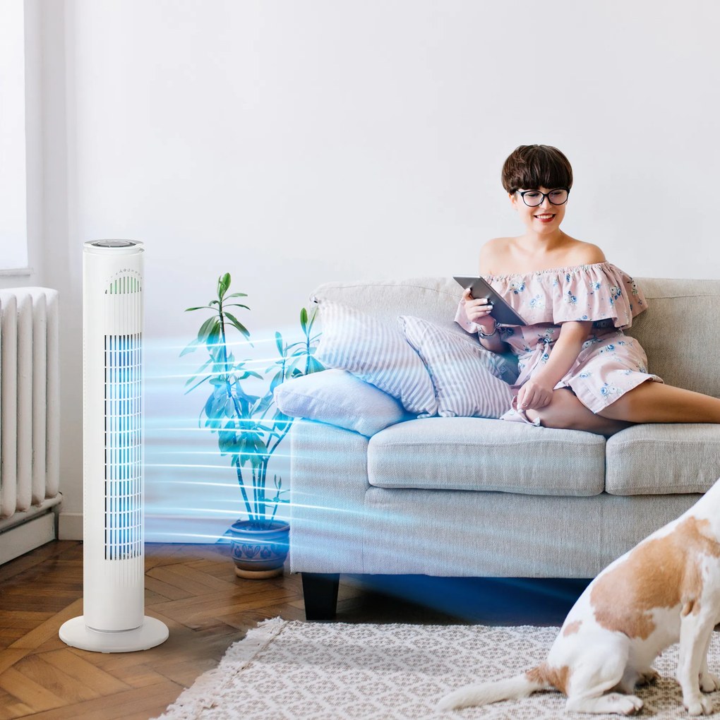 HOMCOM Ventilator Turn cu 3 Moduri și 3 Viteze cu Cronometru 10h, Ventilator de Podea ABS cu Telecomandă, Ø22x77 cm, Alb | Aosom Romania