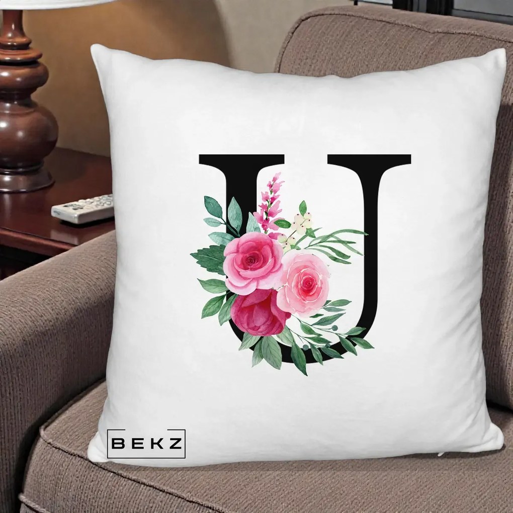 Cadou Personalizat - Perna Personalizata Monograma Florala Litera U, 40x40 cm, Alb Pufos, Husa Detasabila, Perna Inclusa, BEKZ®
