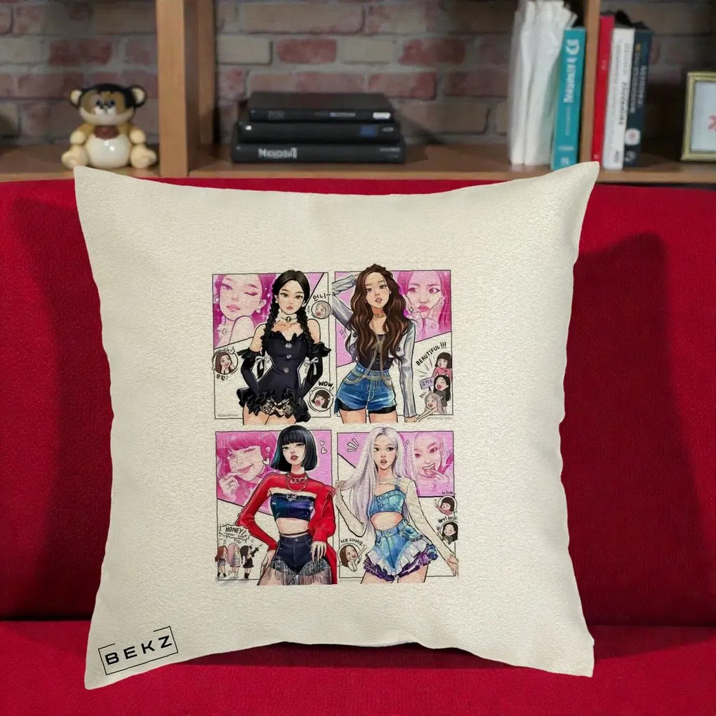 Perna Personalizata K-pop BLACKPINK Fanart Manga Benzi Desenate 4 Membre, 40x40 cm, Ecru, Husa Detasabila, Perna Inclusa, BEKZ®