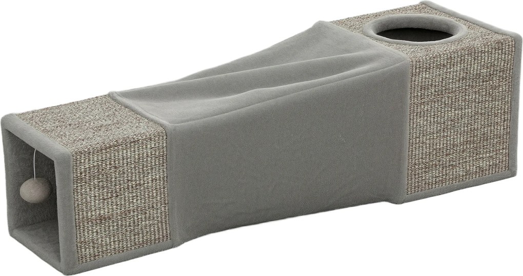 PawHut Tunel pentru pisici de interior jucării pentru pisici cu bilă suspendată intrări multiple în sisal 98 x 30 x 30 cm gri | Aosom Romania