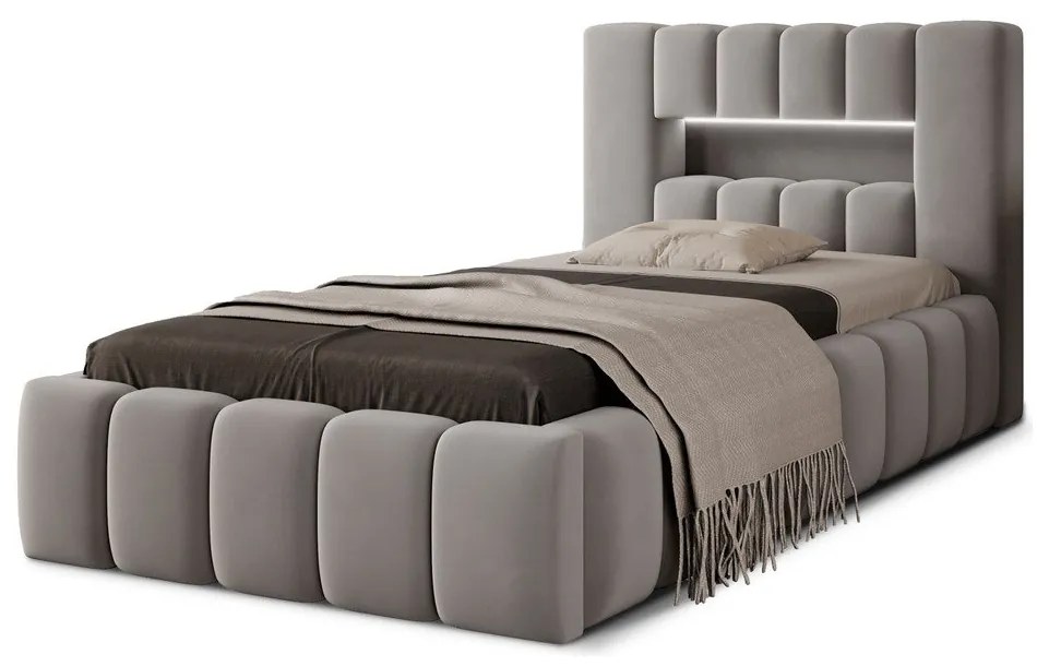 Pat gri tapițat cu spațiu de depozitare cu somieră 90x200 cm Lamica – ELTAP