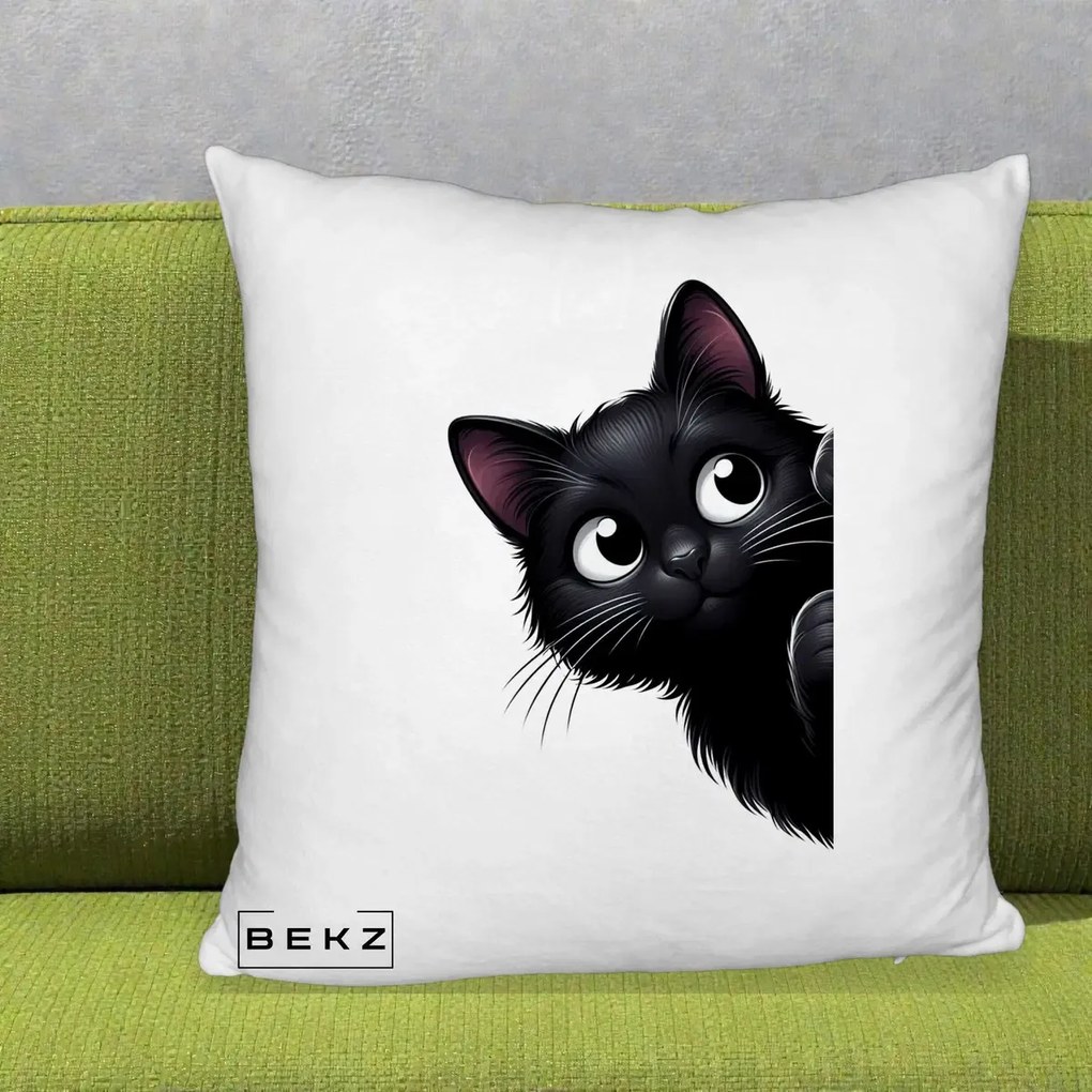 Perna Decorativa Pisica Neagra Dragalasa Curioasa, 40x40 cm, Alb Pufos, Husa Detasabila, Perna Inclusa, BEKZ®