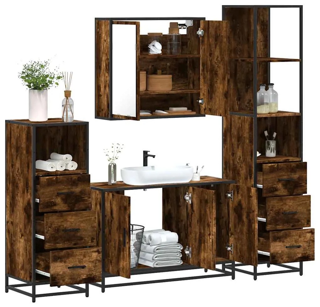 vidaXL Set de mobilier de baie 4 piese Lemn prelucrat de stejar afumat