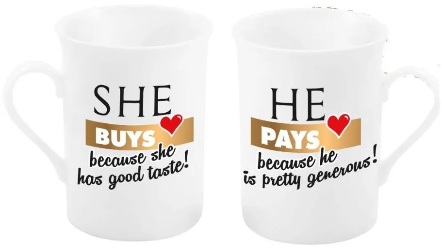 Set 2 cani 290ml, mesaj ”She Buys, he pays”, Bg-tech