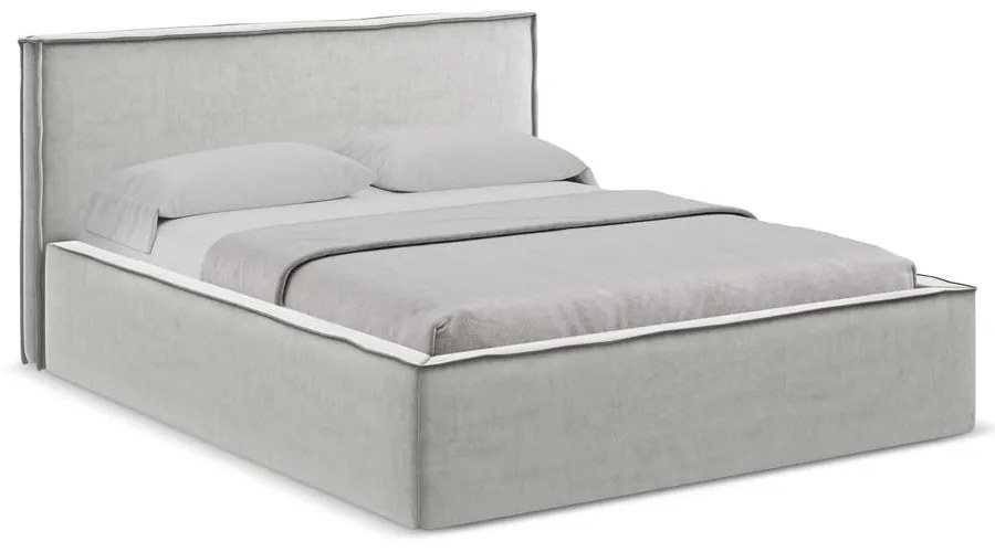 Pat matrimonial gri deschis tapițat cu spațiu de depozitare cu somieră 180x200 cm Anani – Makamii