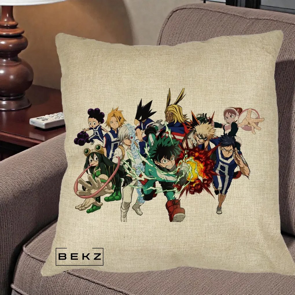 Perna Personalizata My Hero Academia Clasa 1-A Complet, 40x40 cm, Crem, Husa Detasabila, Perna Inclusa, BEKZ®
