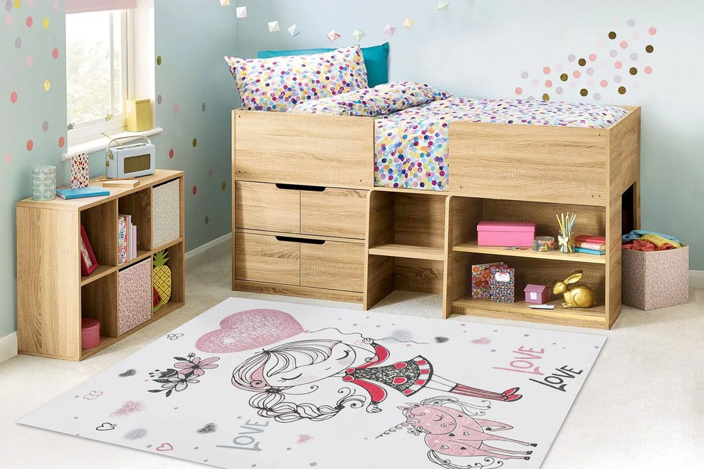 BAMBINO 2644 covor lavabil Fetiță, unicorn pentru copii anti-alunecare - alb / roz