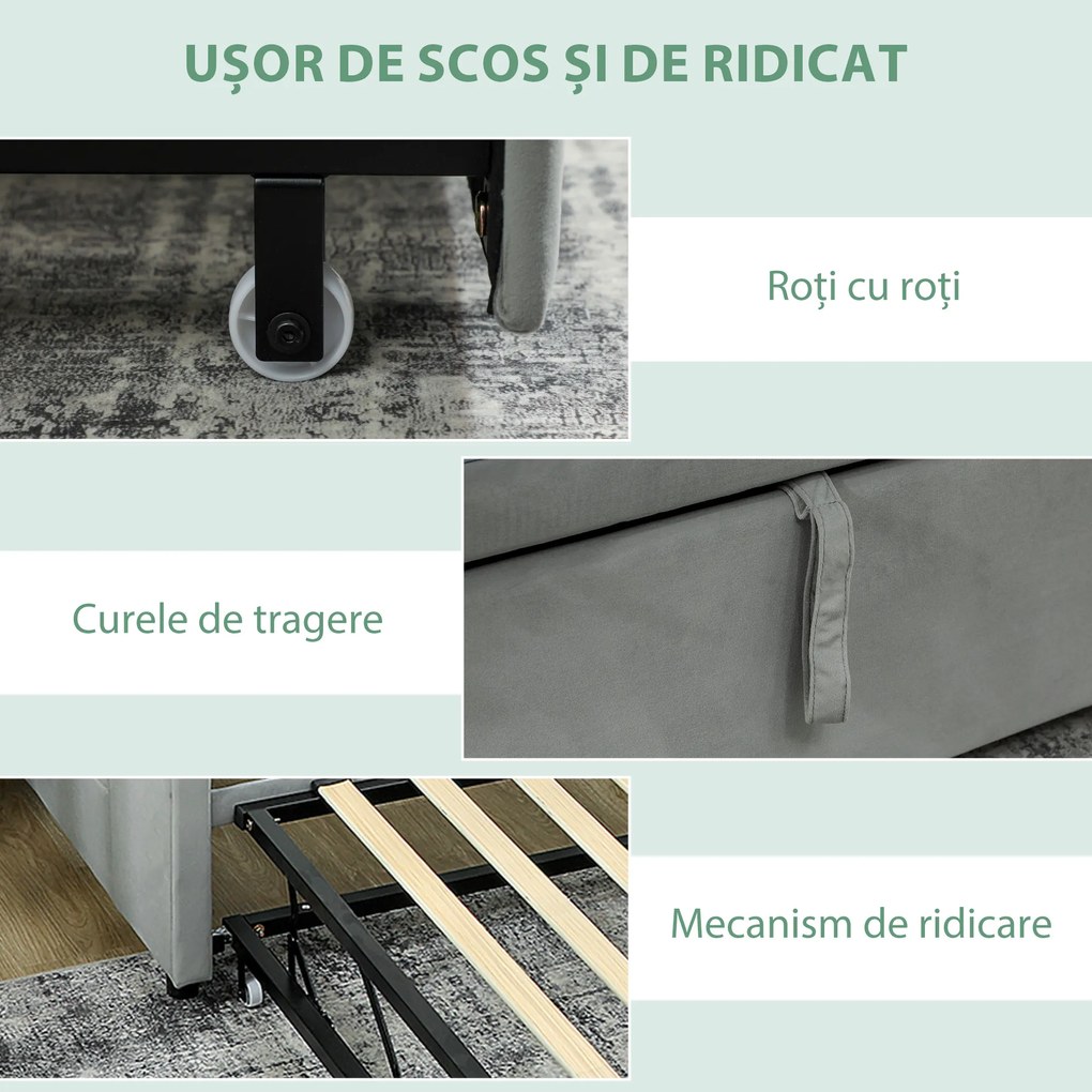 HOMCOM Pat Canapea 90/180x190 cm, Pat Extensibil Convertibil în Pat Dublu, Tapițerie, Cotiere, 2 Buzunare, Lamele din Plop, pentru Living sau Oaspeți, Gri Deschis | Aosom Romania