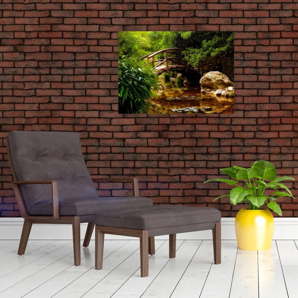 Tablou pe sticlă - Pod prin râu (70x50 cm)