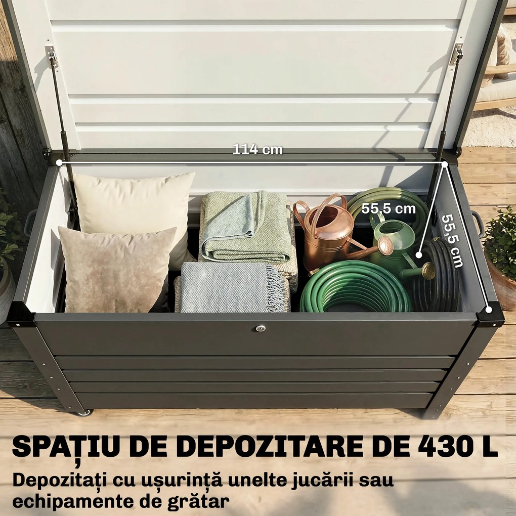 Outsunny Ladă 430L, Recipient Metalic cu Capac Blocabil, Roți, Mânere Laterale, Gri | Aosom Romania