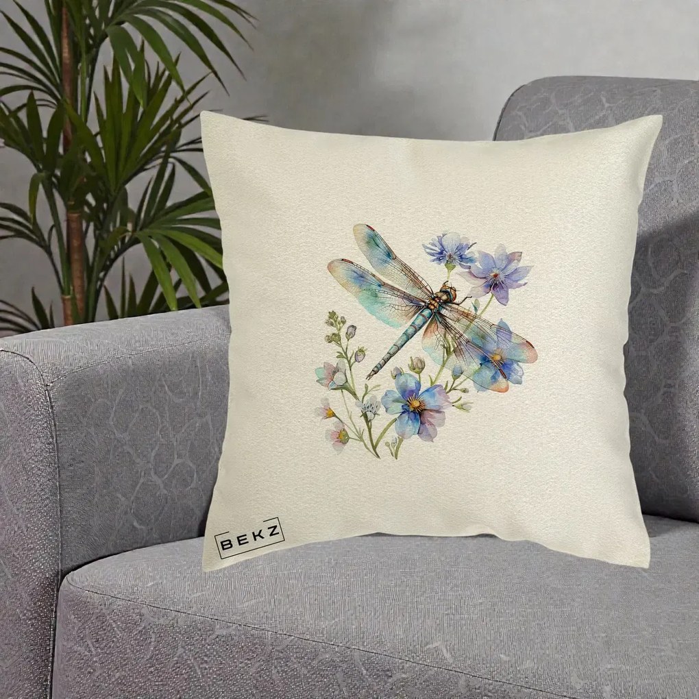 Perna Decorativa Libelula Acuarela Flori Albastre, 40x40 cm, Ecru, Husa Detasabila, Perna Inclusa, BEKZ®