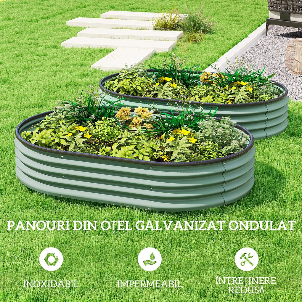 Outsunny Set de 2 Jardiniere Înălțate Modulare, Ghivece de Grădină cu Margine din Cauciuc, Fund Deschis, Jardiniere Înălțate din Oțel Galvanizat pentru Plante Aromatice, Fructe, Legume și Flori, 135x90x30 cm, Verde | Aosom Romania