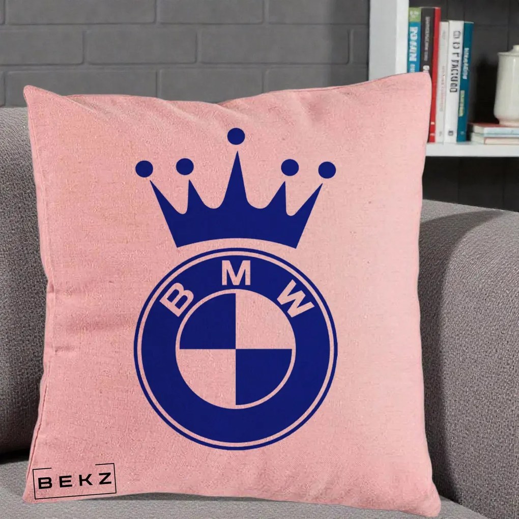 Perna Personalizata cu emblema BMW si Coroana, 40x40 cm, Roz, Husa Detasabila, Perna Inclusa, BEKZ®
